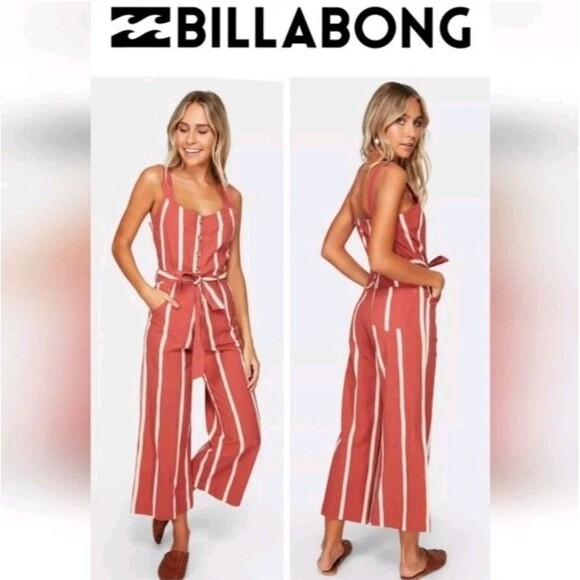 Billabong Pants - Billabong Womens 8 Sleeveless Linen Jumpsuit Stripe Crossfire Rusty Orange White